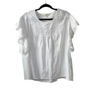 SOLITAIRE Boho Cotton Short Sleeve Embroidered Popover Blouse White 2X